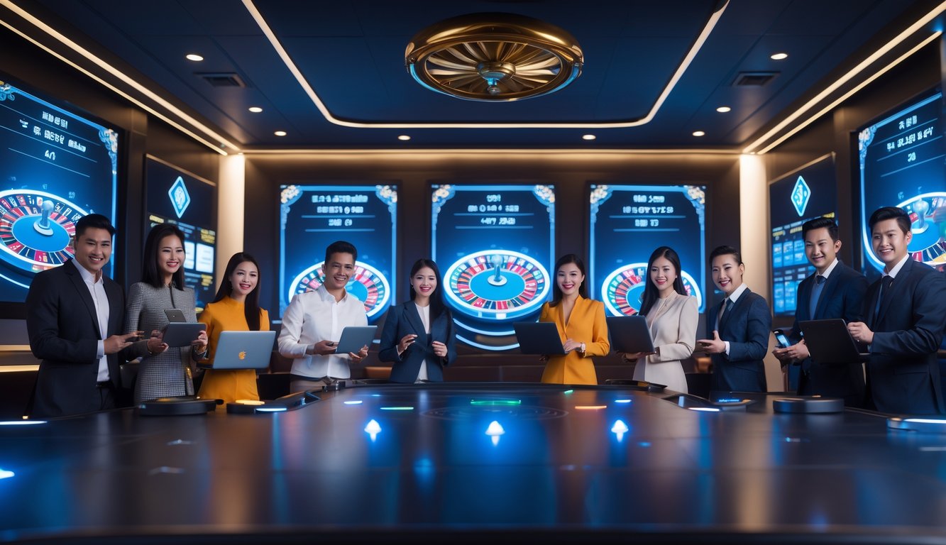 Beberapa orang menggunakan perangkat digital di lingkungan kasino online yang modern dan terpercaya di Indonesia.