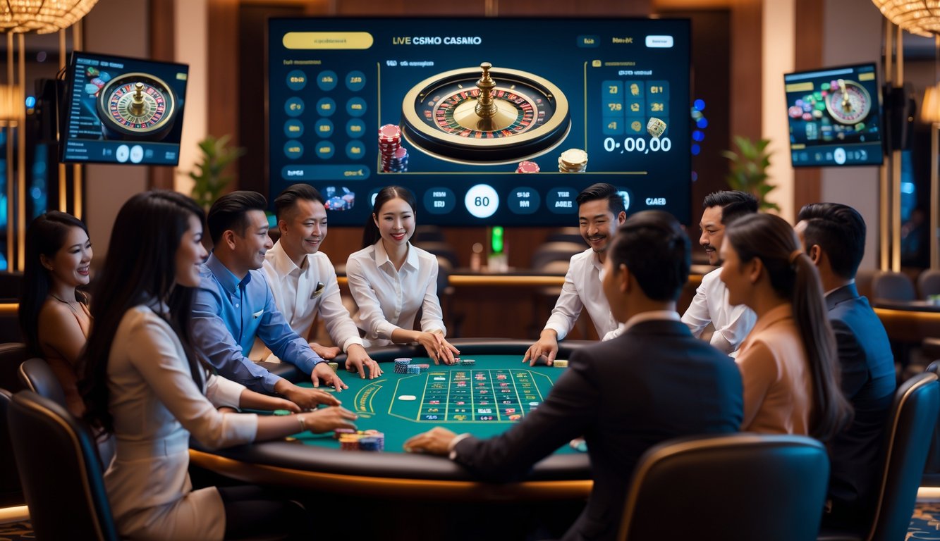 Seorang dealer kasino yang ramah sedang berinteraksi dengan pemain dalam suasana kasino langsung yang modern dan ramai.