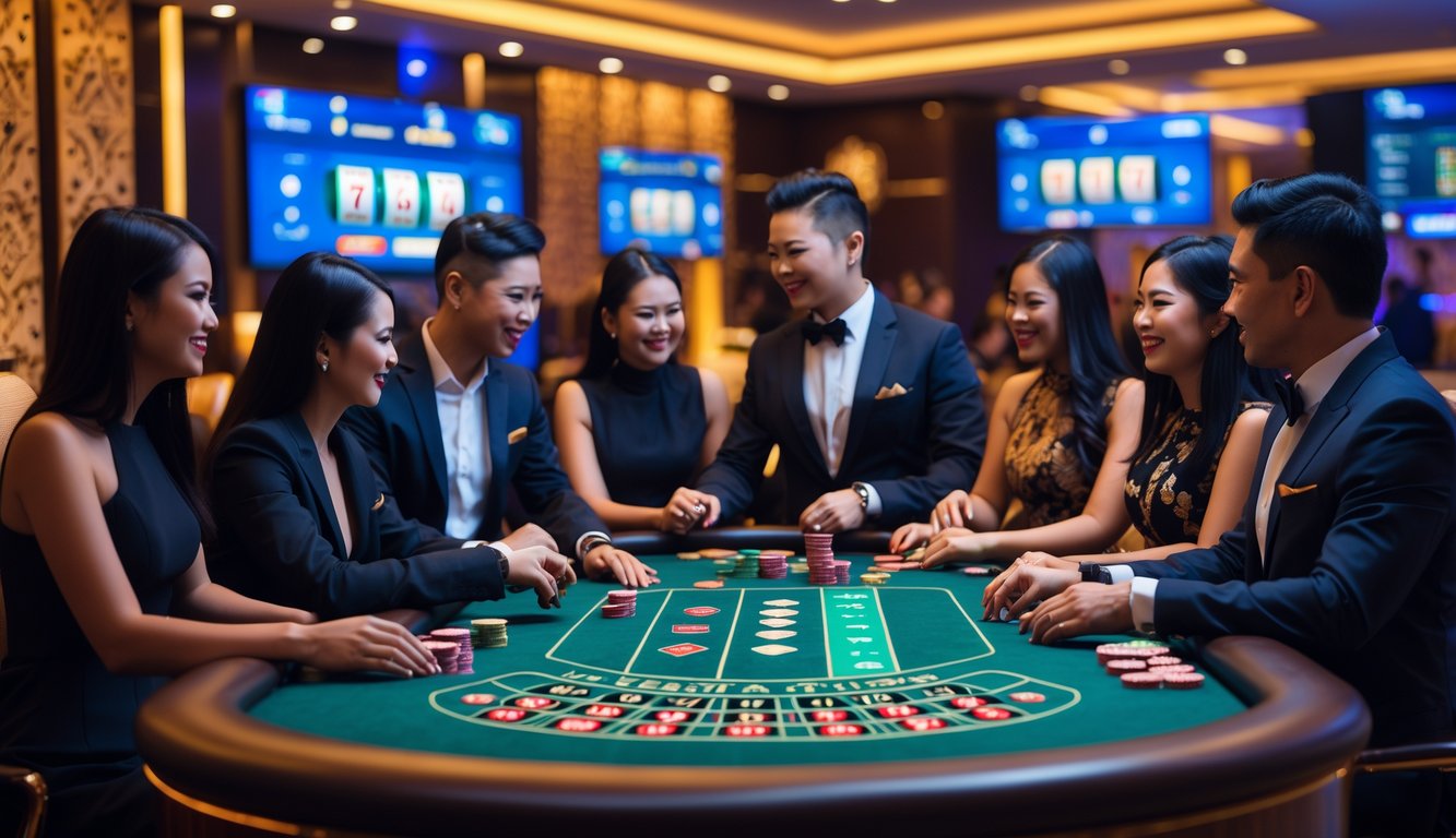 Suasana kasino langsung dengan pemain dan dealer yang sedang bermain di meja kasino modern.