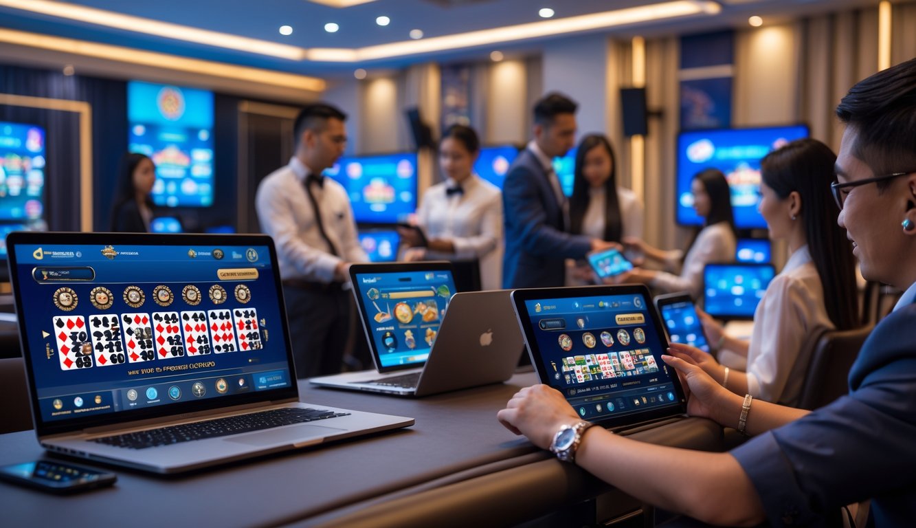 Orang-orang profesional menggunakan perangkat digital untuk bermain permainan kasino langsung dalam ruangan modern dengan pencahayaan hangat dan dekorasi bernuansa Indonesia.