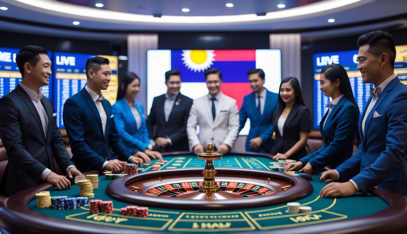 Seorang dealer dan pemain yang berpakaian rapi sedang bermain di meja kasino langsung dengan peralatan permainan di sebuah ruangan kasino modern.