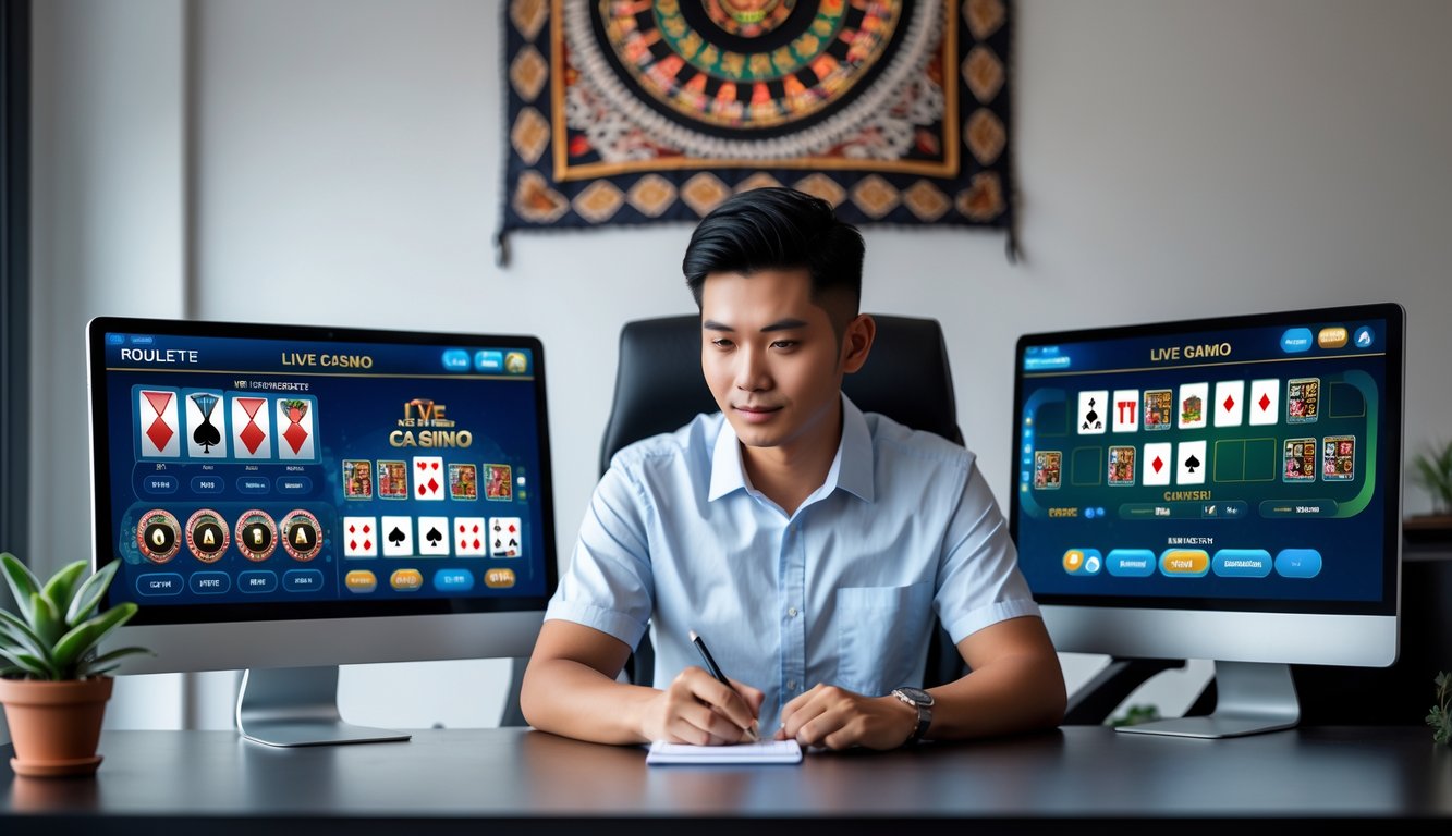 Seorang pria muda Indonesia duduk di meja dengan beberapa layar komputer yang menampilkan permainan kasino langsung, sedang mencatat strategi bermain dengan fokus.