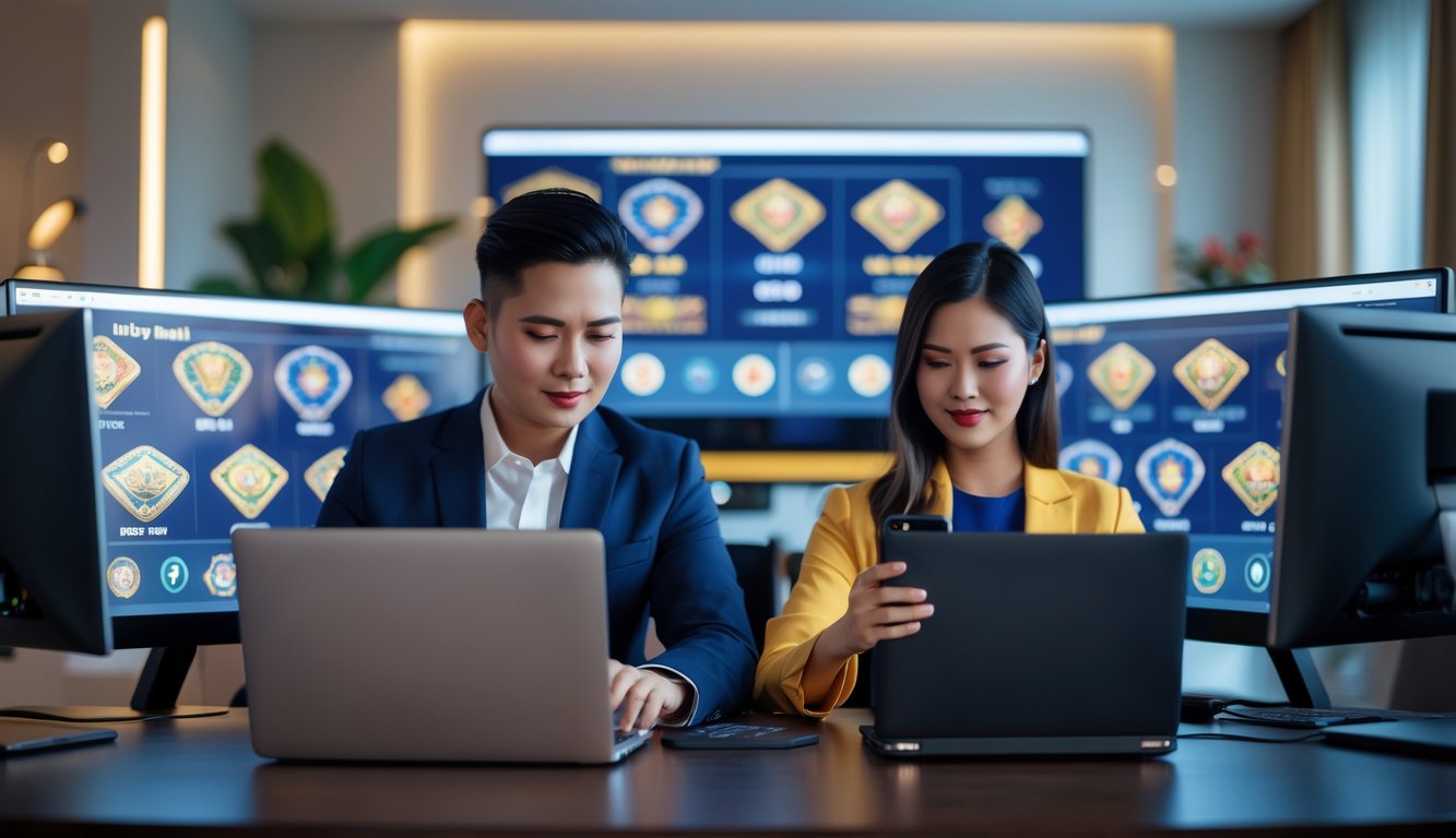 Seorang pria dan wanita Indonesia duduk di depan komputer dan ponsel, bermain kasino langsung online dengan suasana tenang dan fokus di ruang tamu yang nyaman.