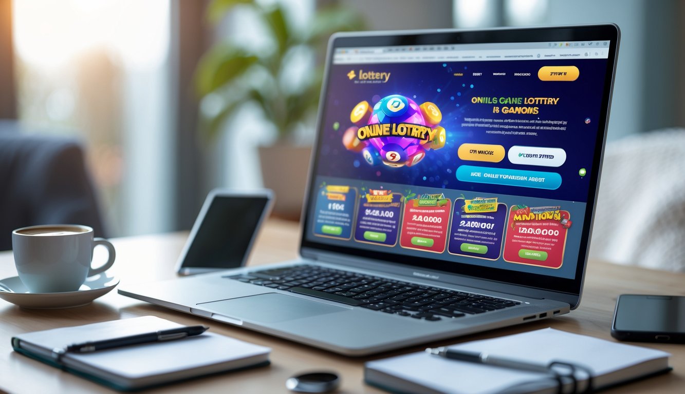 Seorang pengguna duduk di depan laptop dengan tampilan situs togel online yang menampilkan promo menarik, dikelilingi oleh ponsel, cangkir kopi, dan buku catatan di meja kerja.