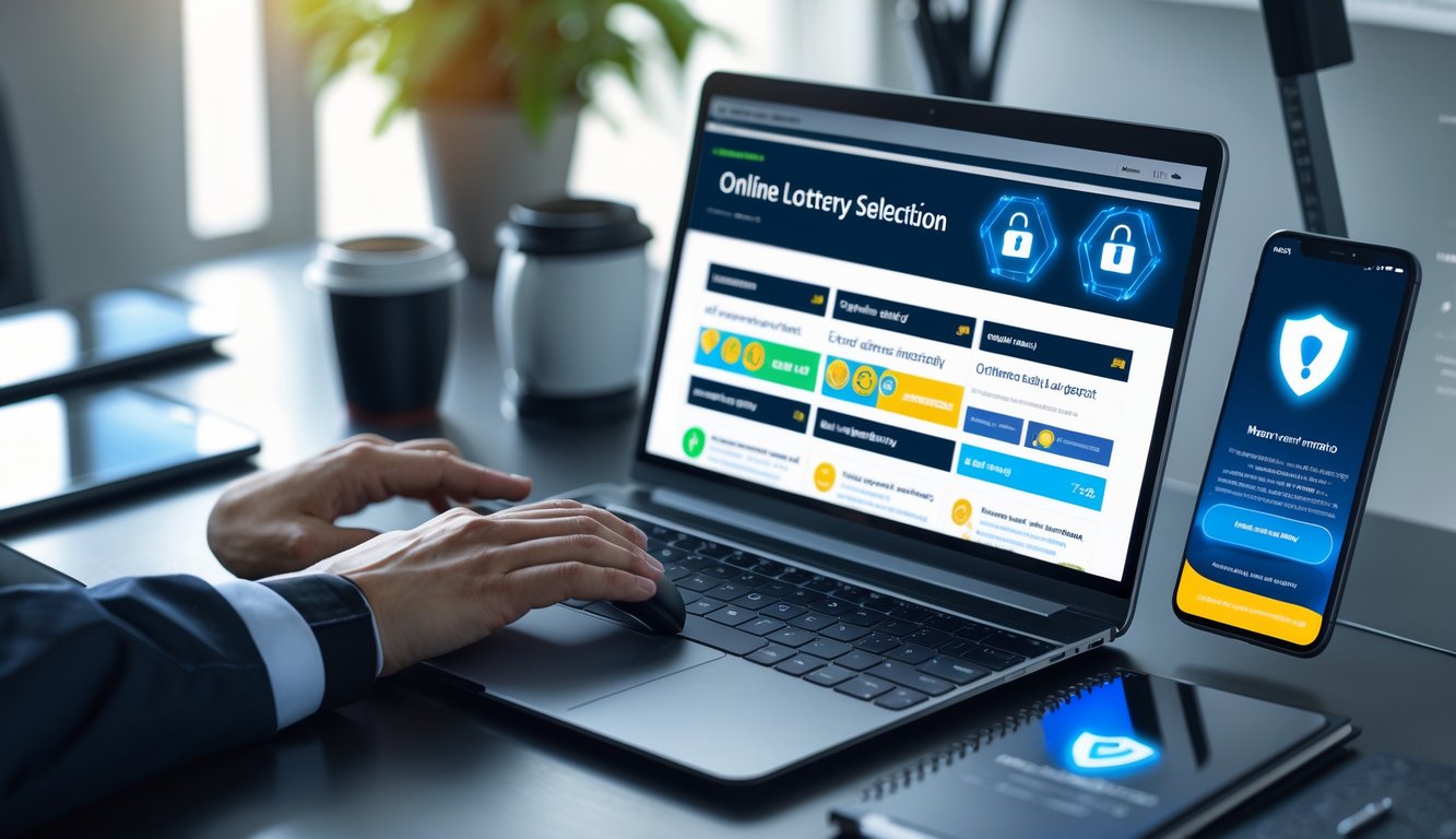 Meja kerja dengan laptop yang menampilkan situs togel online, tangan seseorang menggunakan mouse, dan simbol keamanan di layar.