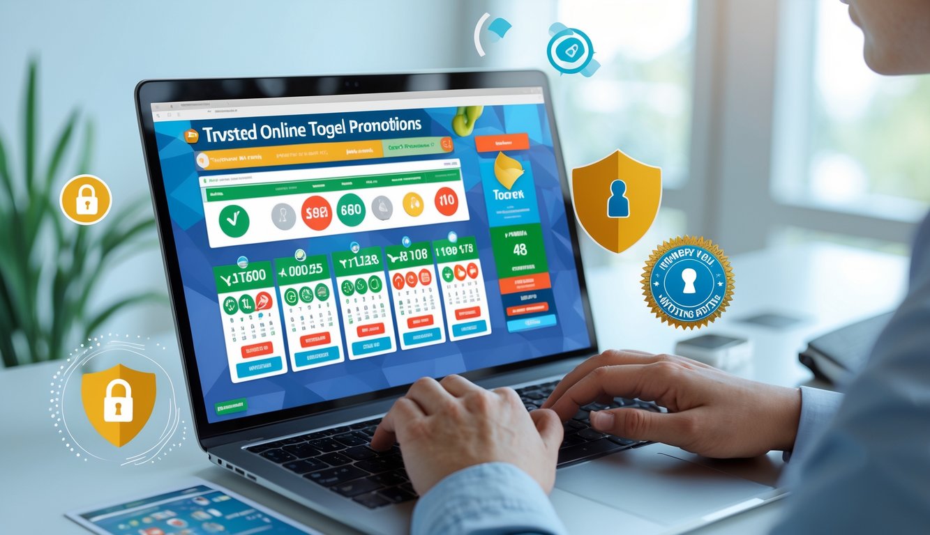 Seorang pengguna laptop di meja kerja dengan tampilan situs togel online terpercaya di layar, dikelilingi ikon keamanan dan suasana kantor yang terang.