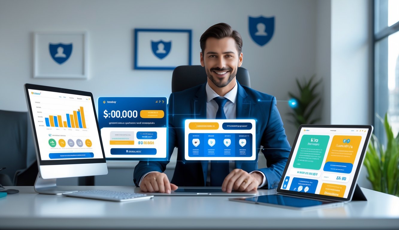 Seorang profesional sedang bekerja di kantor modern dengan perangkat digital yang menampilkan grafik dan promosi terkait togel online terpercaya.