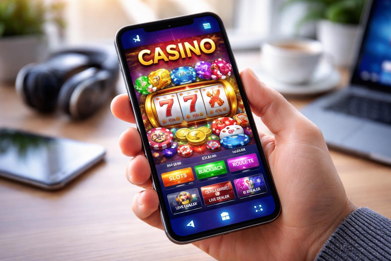 A person holding a smartphone showing a colorful mobile casino app screen with slot machine icons and poker chips.