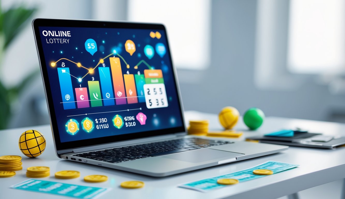 Sebuah laptop di atas meja dengan tampilan antarmuka digital yang menampilkan grafik warna-warni dan ikon promosi, dikelilingi oleh bola lotre dan koin.
