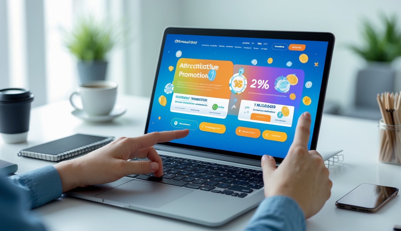 Seseorang menggunakan laptop dan ponsel di meja kerja dengan tampilan visual promosi menarik terkait togel online.