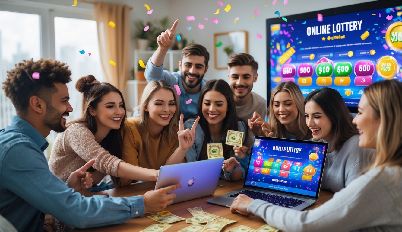 Sekelompok orang muda sedang bermain togel online dengan perangkat digital di ruangan yang cerah dan ceria.