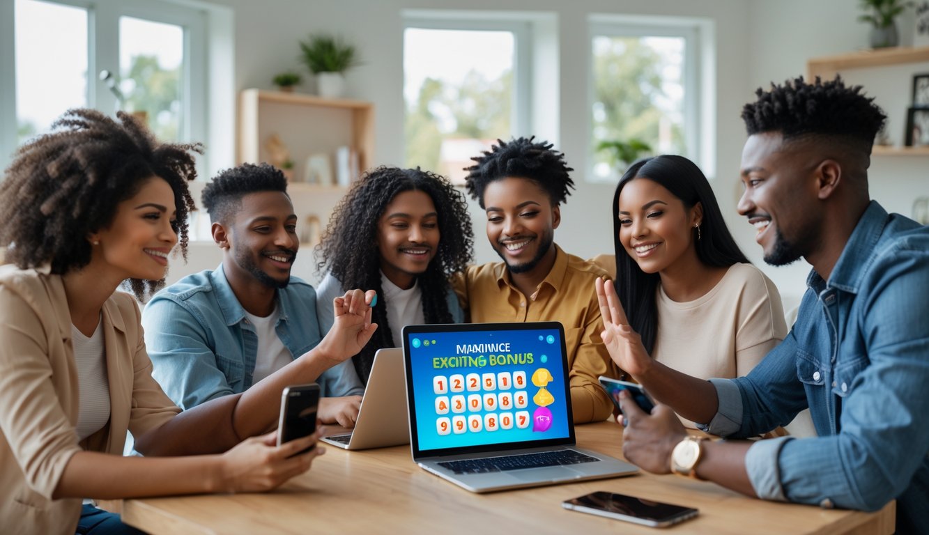 Sekelompok orang muda sedang bermain togel online dengan antusias di ruang tamu yang nyaman menggunakan laptop dan ponsel.