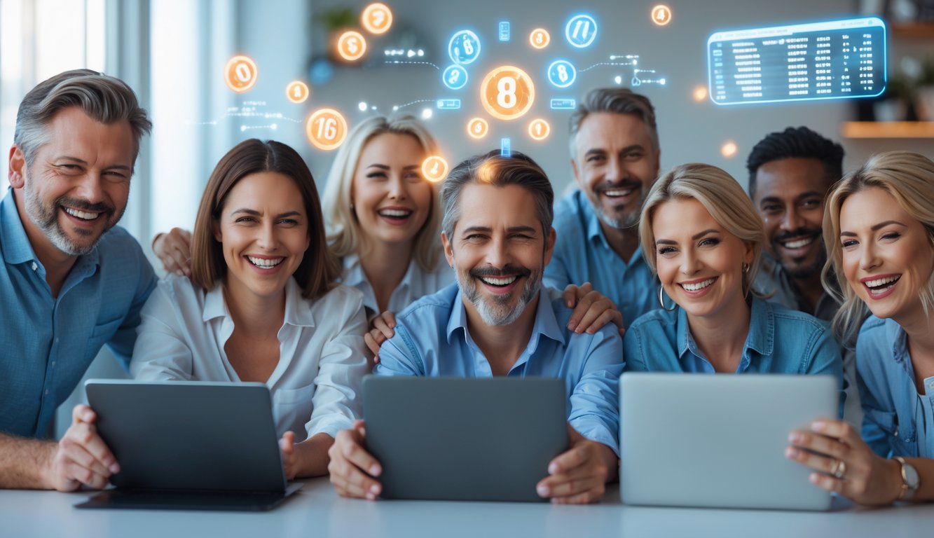 Sekelompok orang dewasa yang bahagia menggunakan perangkat digital di ruangan modern untuk bermain togel online.