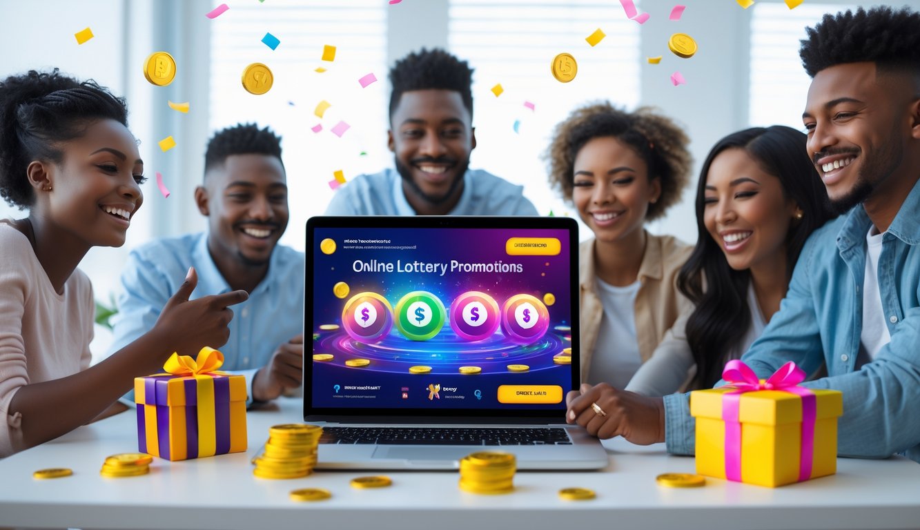 Orang-orang tersenyum dan berinteraksi dengan laptop yang menampilkan promosi togel online, di ruang kerja yang terang dan modern.