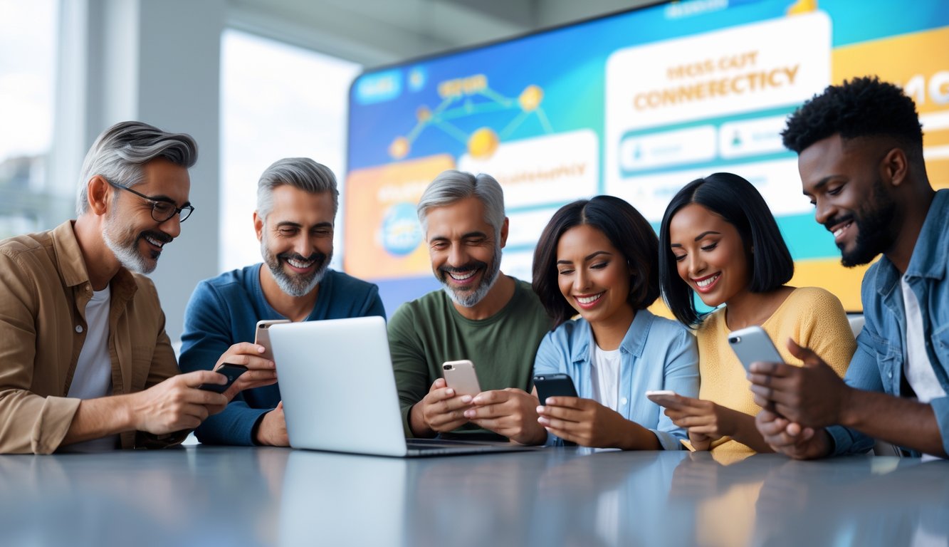 Sekelompok orang menggunakan perangkat digital dengan ekspresi senang dan percaya diri di lingkungan yang cerah dan modern.