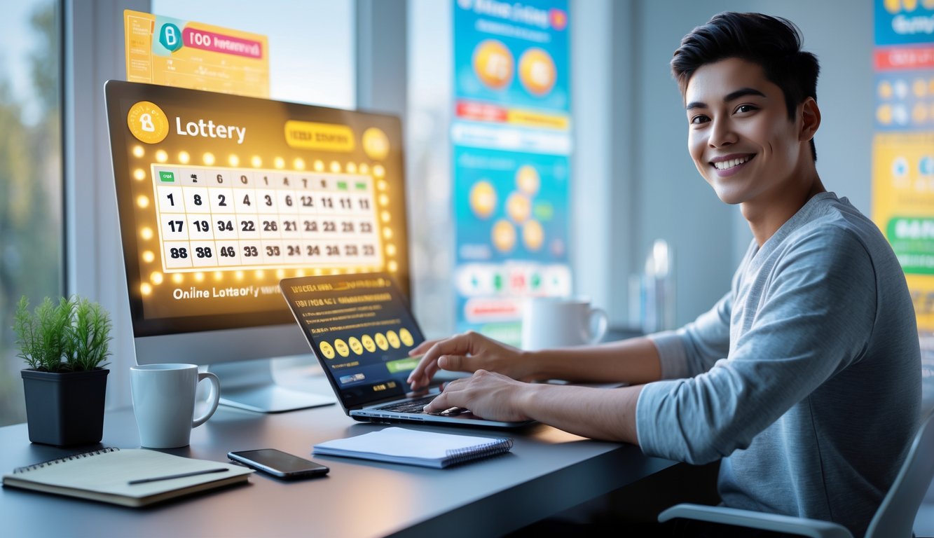 Seseorang duduk di depan laptop dengan ekspresi percaya diri, di meja terdapat ponsel dan cangkir kopi, menggambarkan pengalaman menggunakan platform togel online terpercaya.