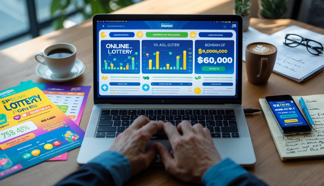 Seseorang sedang menggunakan laptop di meja kerja dengan materi promosi dan catatan yang berkaitan dengan strategi bermain togel online.