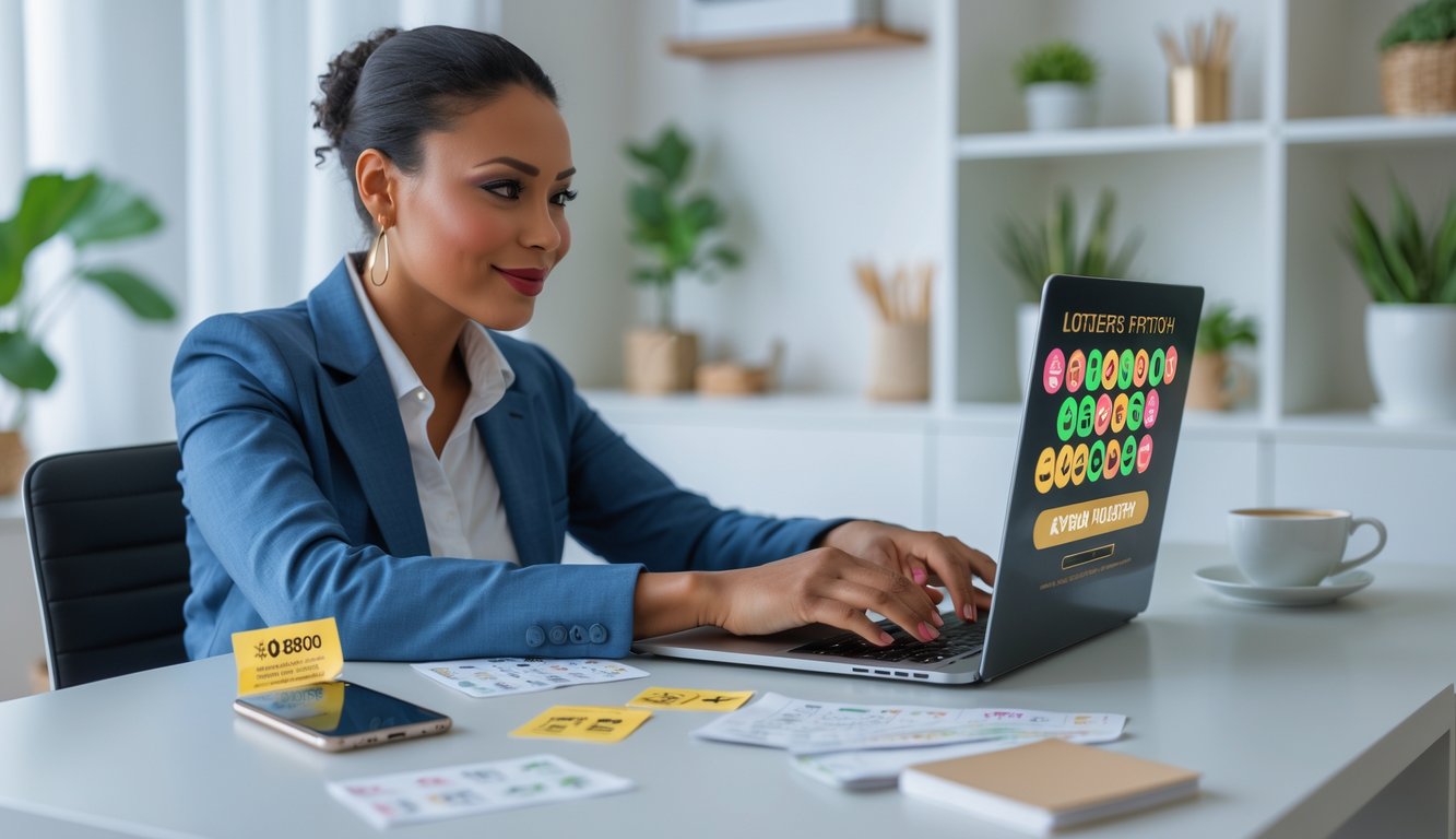 Seseorang sedang bermain togel online menggunakan laptop di meja kerja di rumah dengan suasana nyaman dan elemen promosi di sekitar.