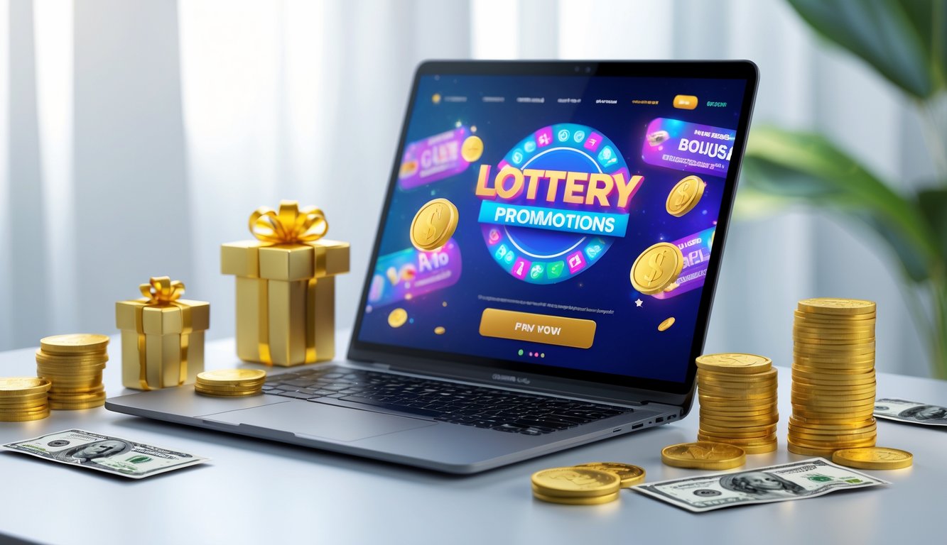 Seorang pria menggunakan laptop di meja kerja dengan koin emas dan uang kertas di sekitarnya, menggambarkan promosi menarik dalam permainan togel online.