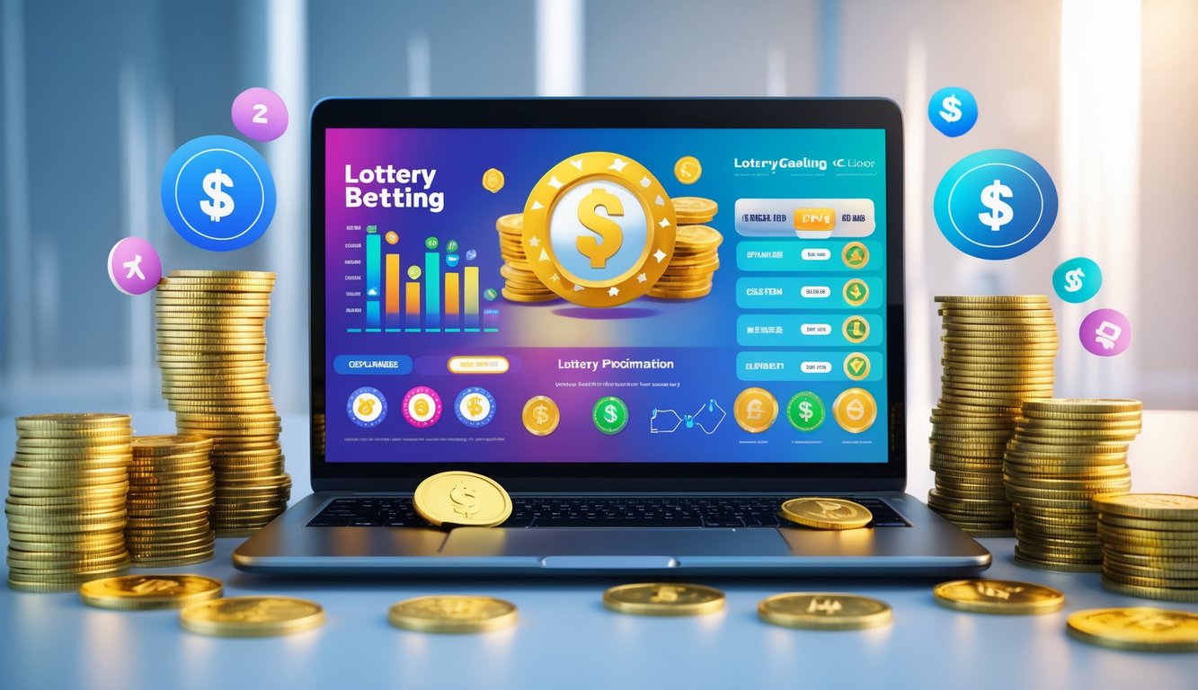 Seorang pria menggunakan laptop di meja dengan uang dan koin di sekitarnya, menggambarkan promosi bonus deposit dan cashback di bandar togel online.