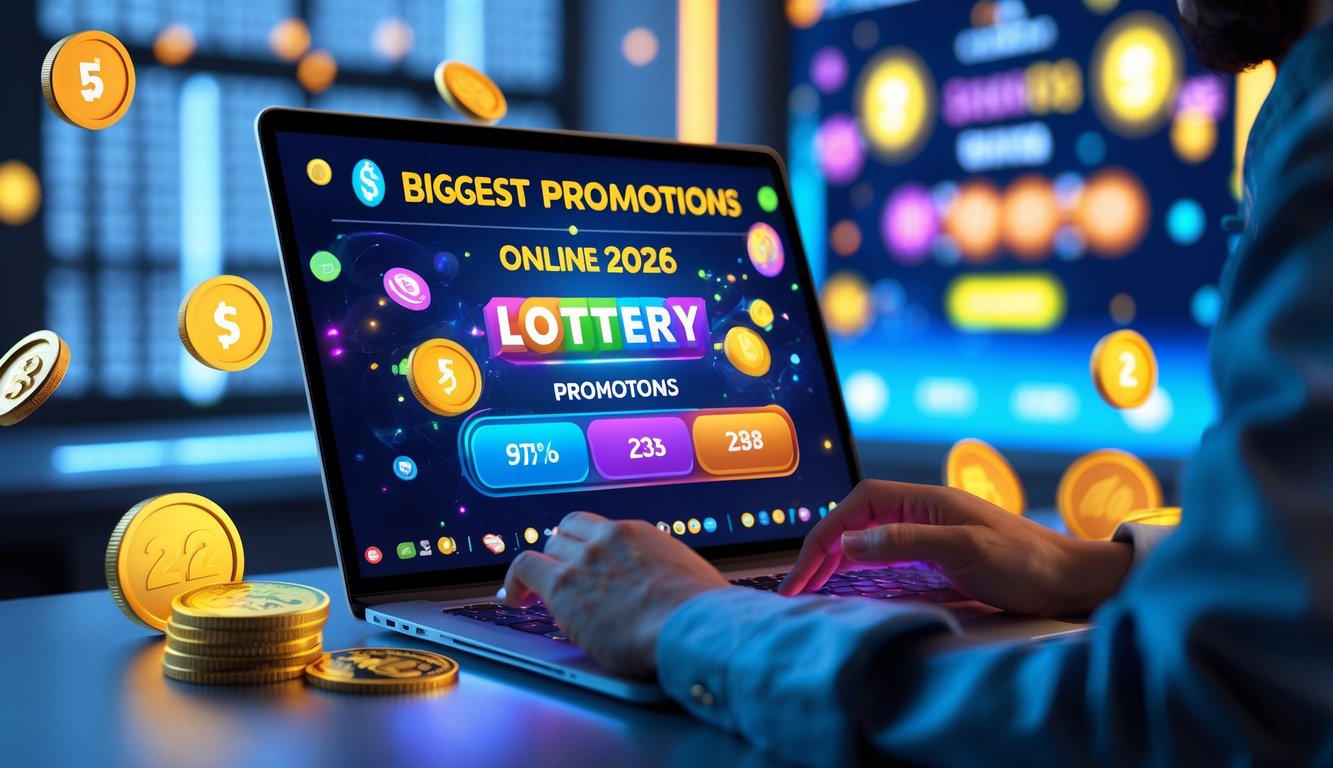 Seorang pengguna sedang mengoperasikan laptop dengan tampilan antarmuka digital terkait promosi togel online, dikelilingi elemen seperti koin dan bola togel di meja kerja modern.