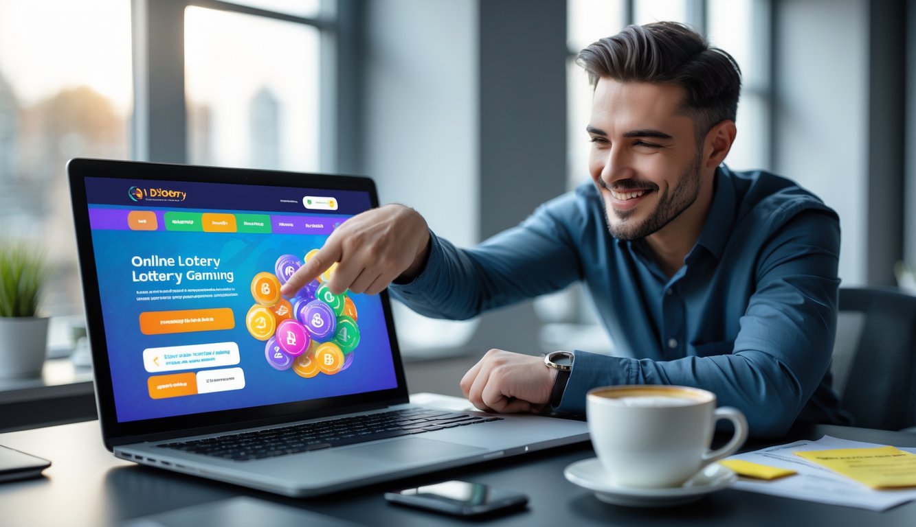 Seorang pria atau wanita menggunakan laptop di meja kerja modern dengan suasana terang, tampak fokus pada layar yang menampilkan situs togel online dengan promo menarik, di sekitar meja terdapat ponsel dan cangkir kopi.