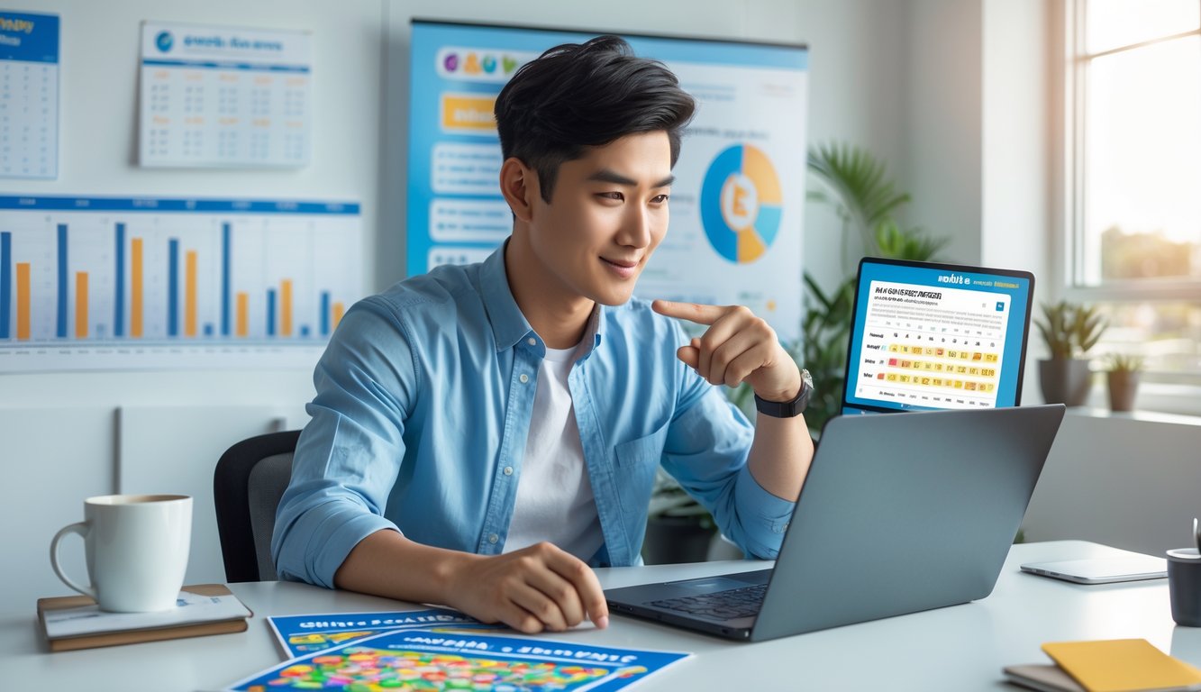 Seorang pria muda duduk di meja dengan laptop dan grafik, sedang menganalisis data tentang promosi togel online.