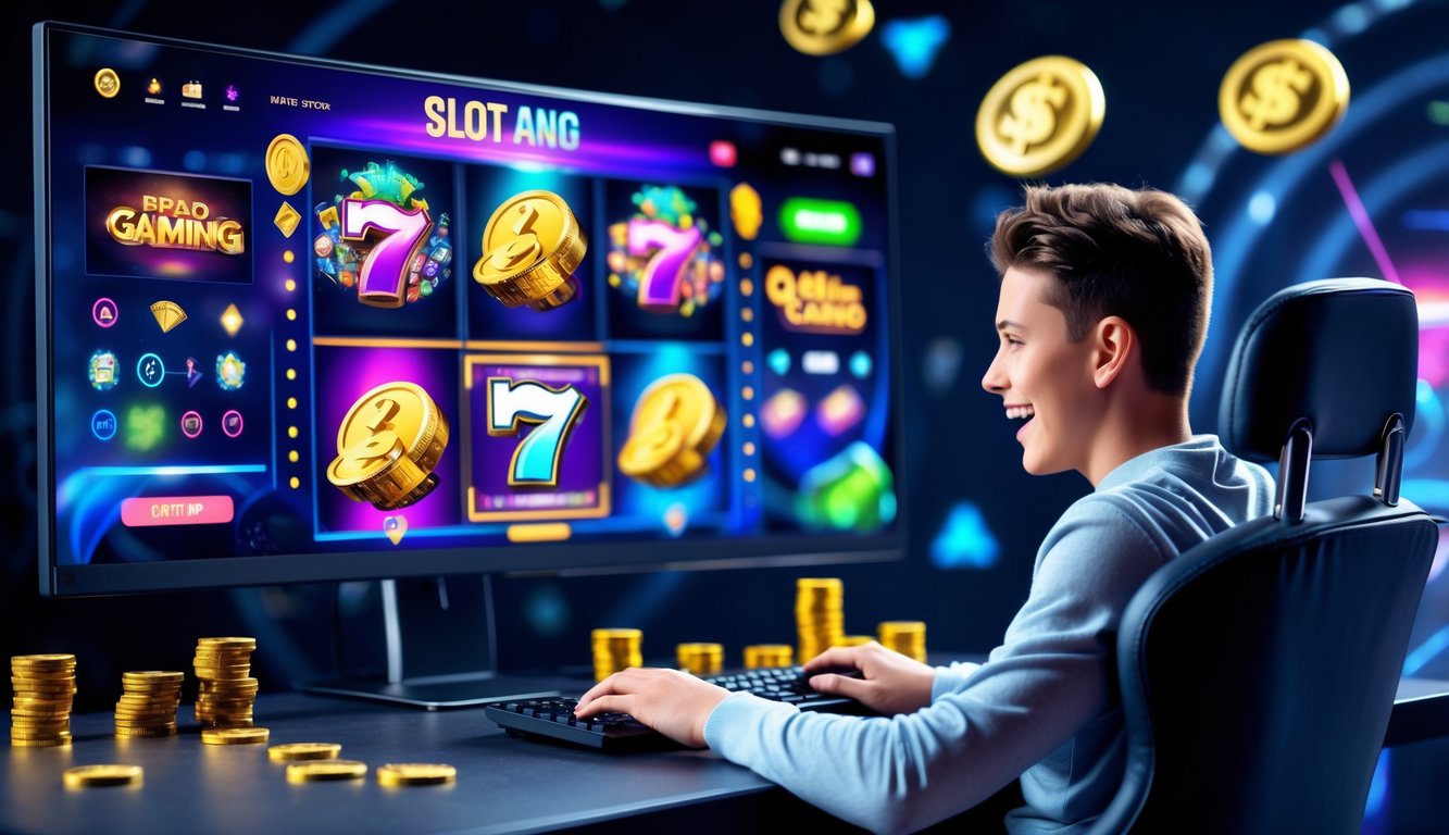 Seorang pemain muda duduk di depan komputer dengan layar menampilkan permainan slot online yang berwarna-warni, di meja terdapat suasana yang rapi dan elemen permainan kasino digital.