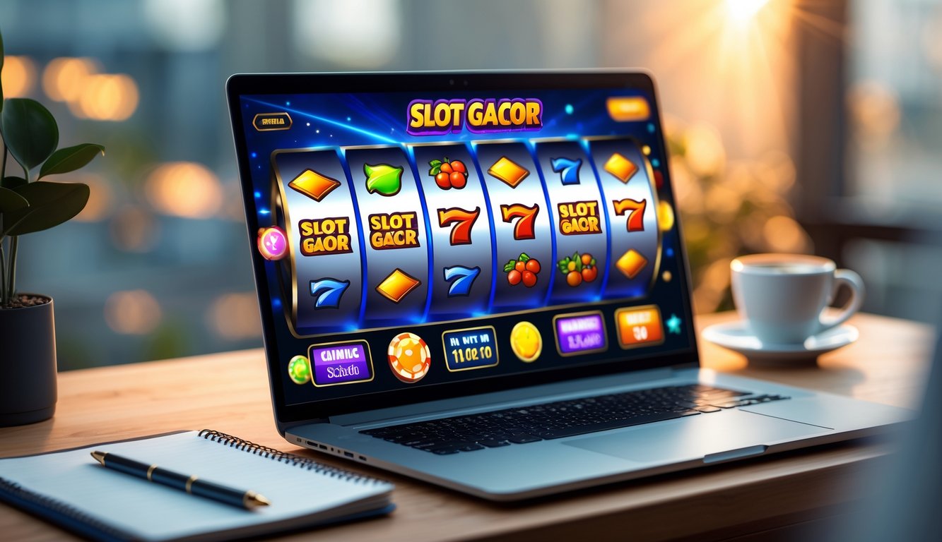Seorang pengguna sedang bermain permainan slot online di laptop dengan tampilan grafis permainan yang berwarna-warni, di meja terdapat catatan dan kopi.