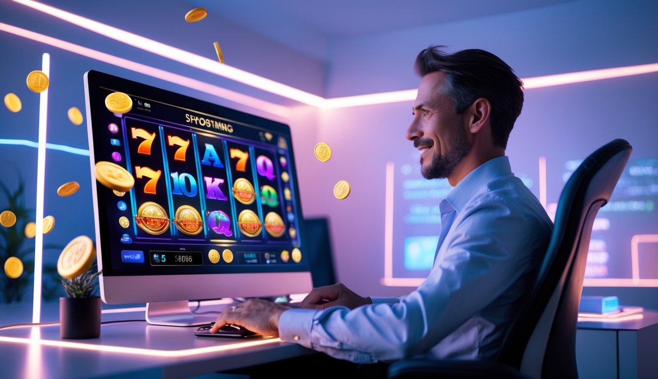 Seorang pemain dewasa sedang bermain slot online di komputer dengan layar penuh warna dan suasana yang modern dan futuristik.