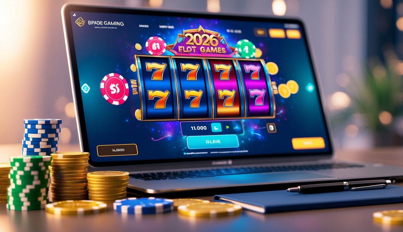 Sebuah meja dengan komputer yang menampilkan permainan slot online dan beberapa chip poker serta koin di sekitarnya.
