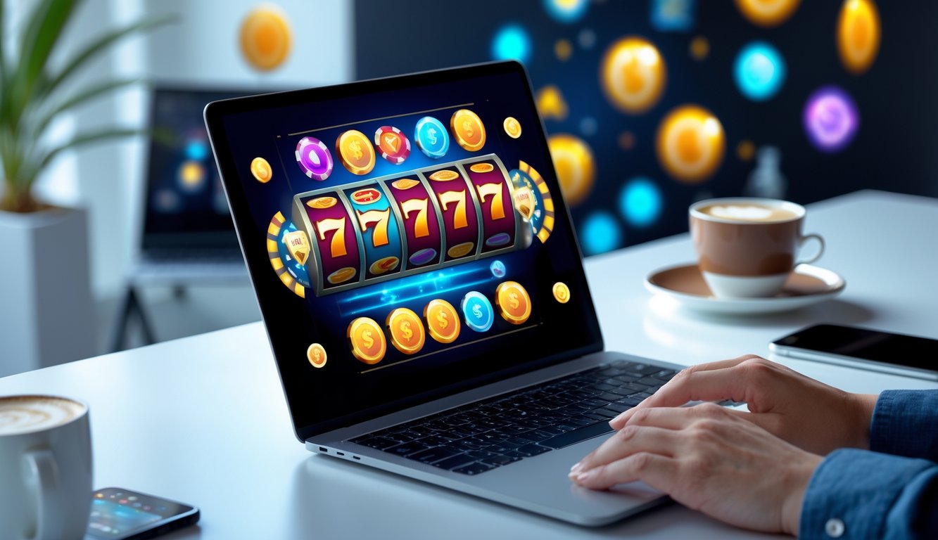 Seorang pengguna duduk di depan komputer dengan permainan slot online berwarna-warni di layar, dikelilingi oleh koin digital dan suasana ruang kerja modern.