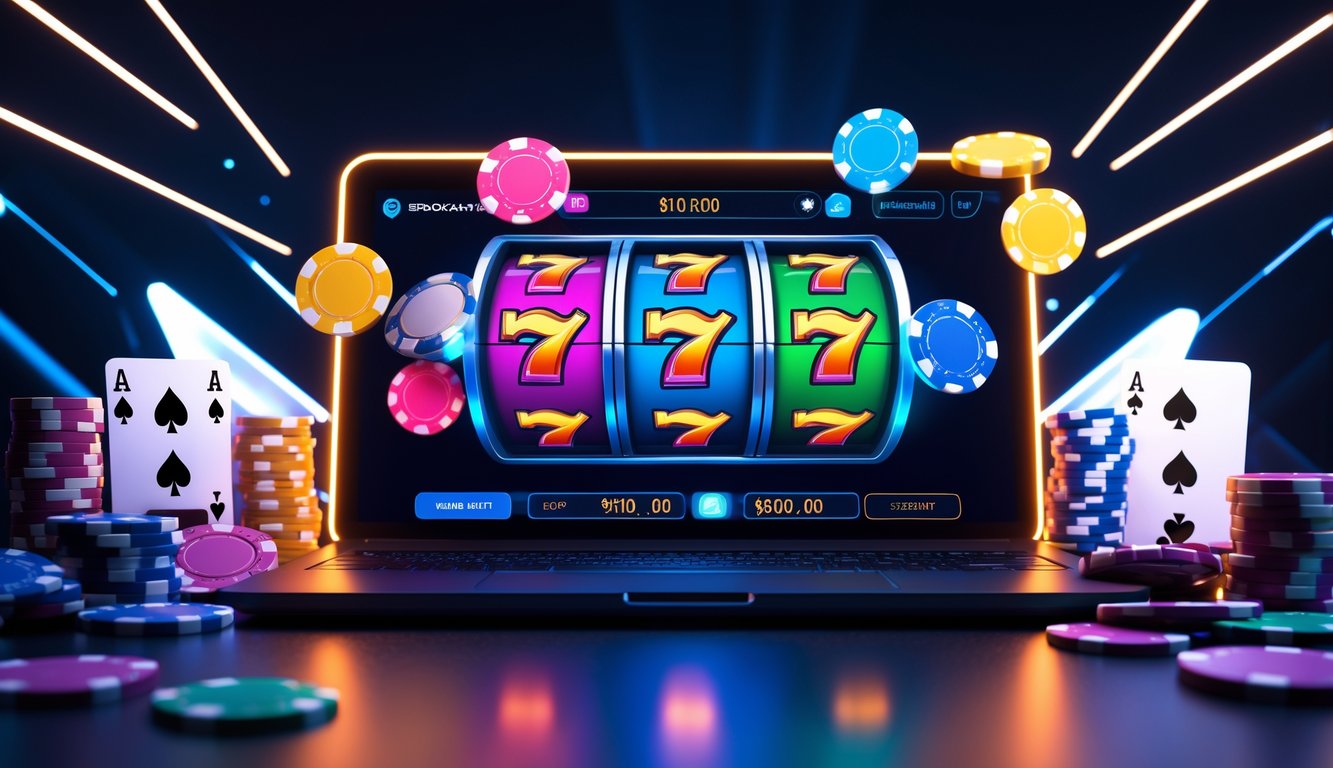 Layar komputer menampilkan mesin slot online dengan simbol warna-warni, dikelilingi chip poker dan kartu remi.
