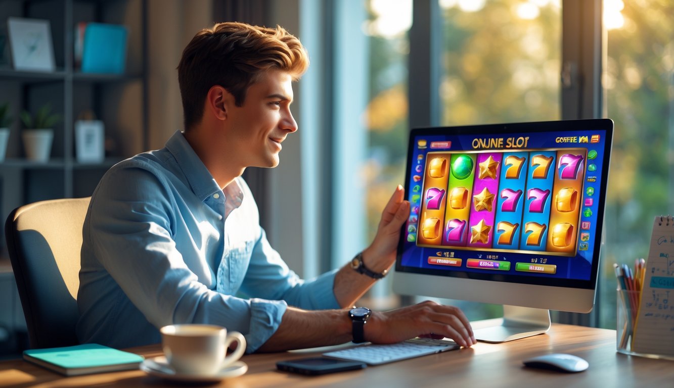 Seorang pria muda duduk di depan laptop di ruang kerja rumah, fokus bermain permainan slot online dengan grafik warna-warni di layar.