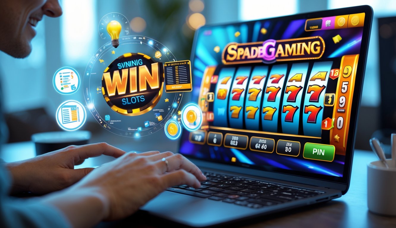 Seorang pengguna bermain mesin slot online Spadegaming di komputer dengan tampilan layar penuh warna dan latar belakang ruangan yang nyaman.