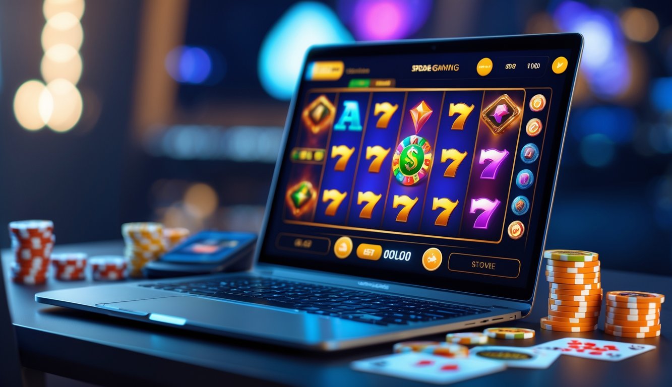 Seorang pemain sedang menggunakan laptop dengan tampilan permainan slot online di meja yang rapi dan nyaman.