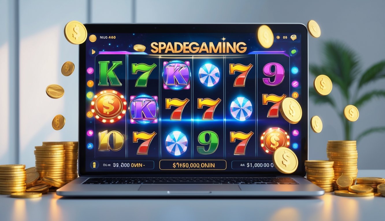 Seorang pemain menggunakan laptop dengan layar menampilkan permainan slot online yang berwarna-warni dan menarik, dikelilingi oleh koin dan simbol kemenangan.