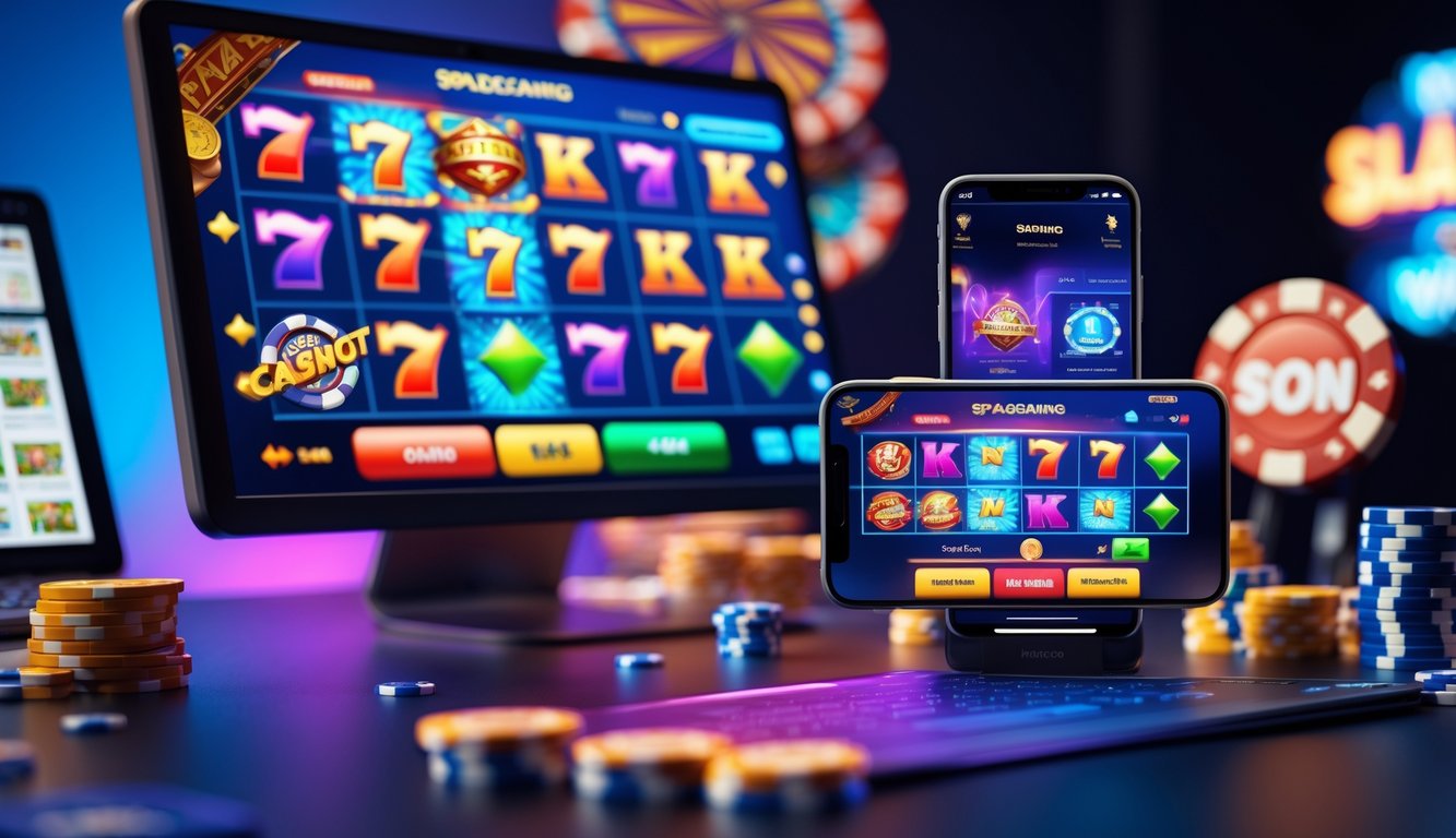 Sebuah meja dengan komputer dan ponsel yang menampilkan permainan slot online dengan latar belakang elemen kasino seperti chip dan kartu.