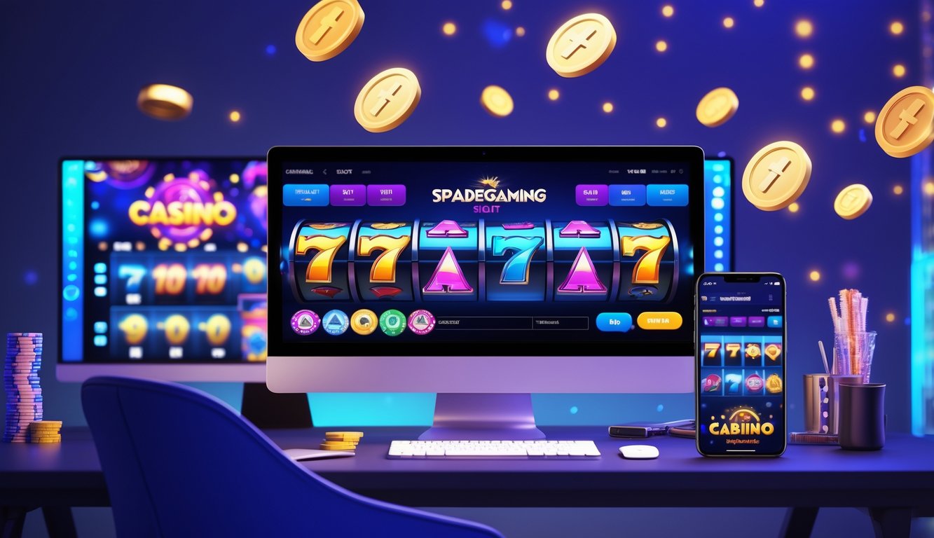 Sebuah meja kerja modern dengan komputer dan ponsel menampilkan permainan slot online yang berwarna-warni dan menarik.