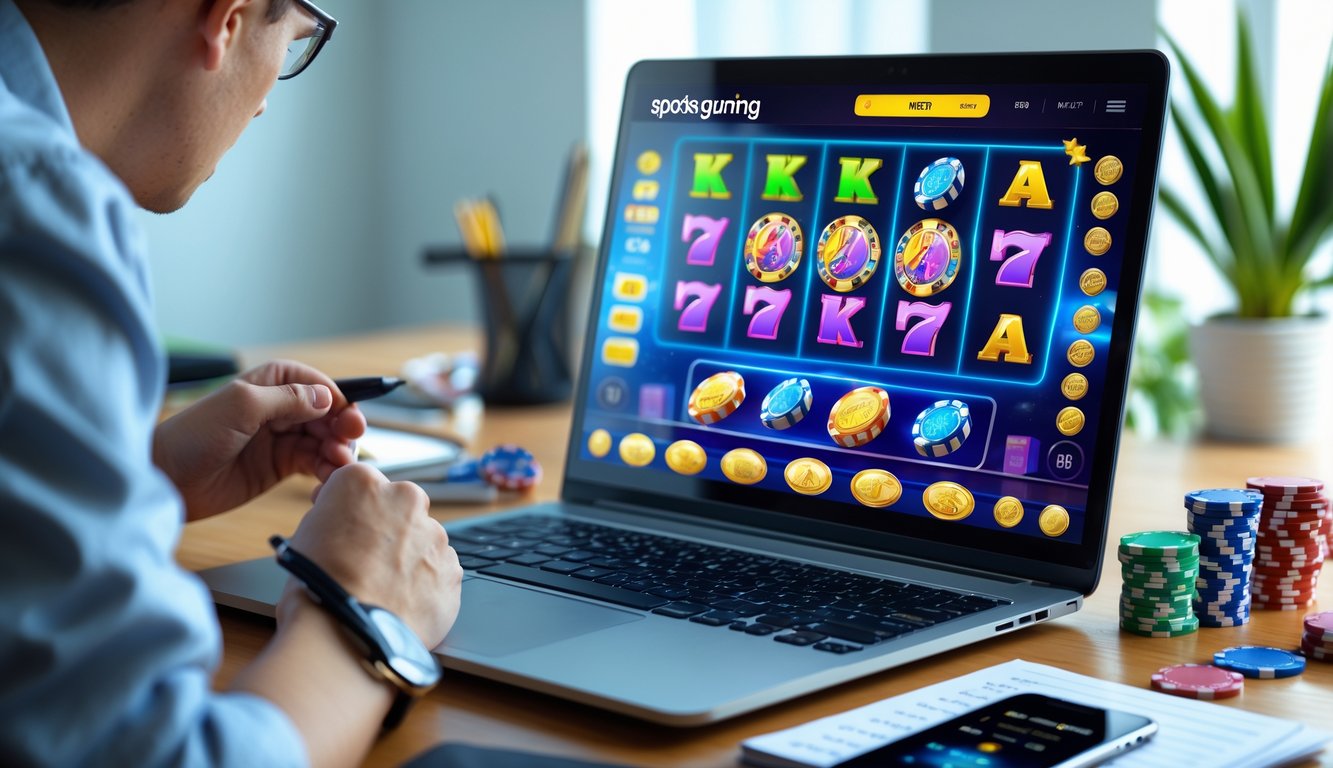 Seseorang sedang bermain permainan slot online di komputer dengan suasana yang fokus dan profesional.