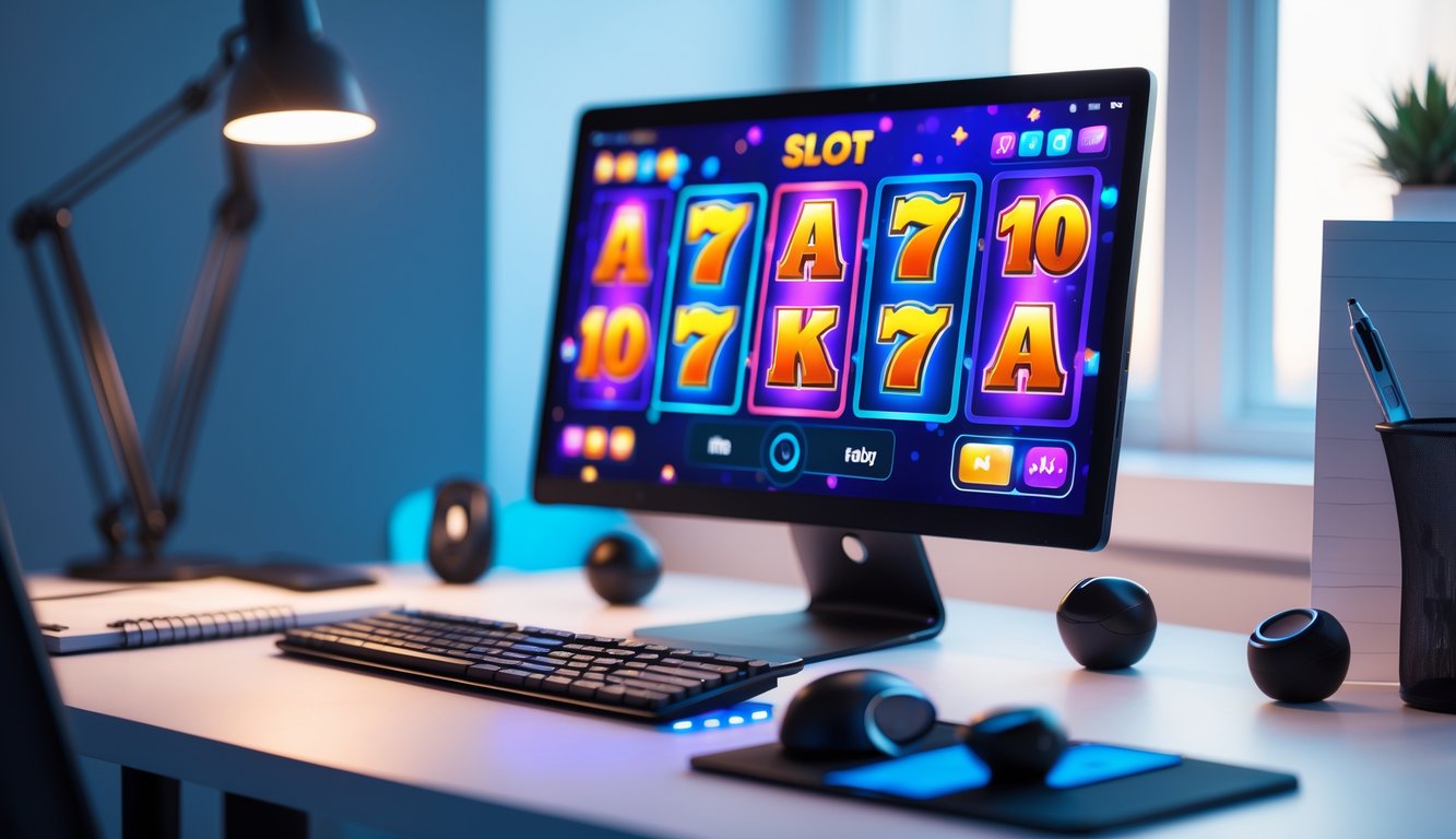 Sebuah meja kerja dengan komputer yang menampilkan permainan slot online Spadegaming, dilengkapi dengan aksesori gaming dan alat tulis di sekitarnya.