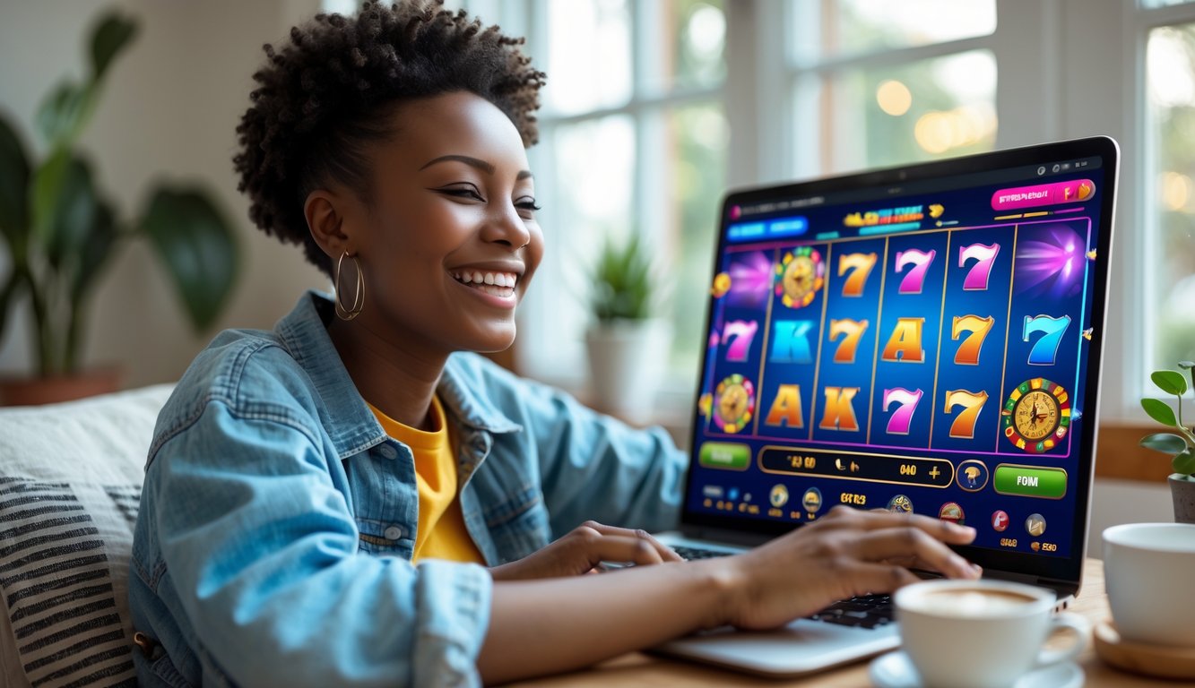 Seorang dewasa muda yang tersenyum sedang bermain permainan slot online di laptop di ruangan yang nyaman.