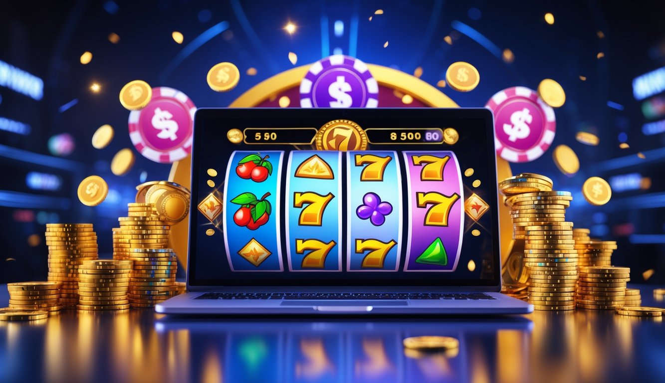 Layar komputer menampilkan permainan slot online dengan simbol warna-warni dan koin emas di sekitar perangkat.