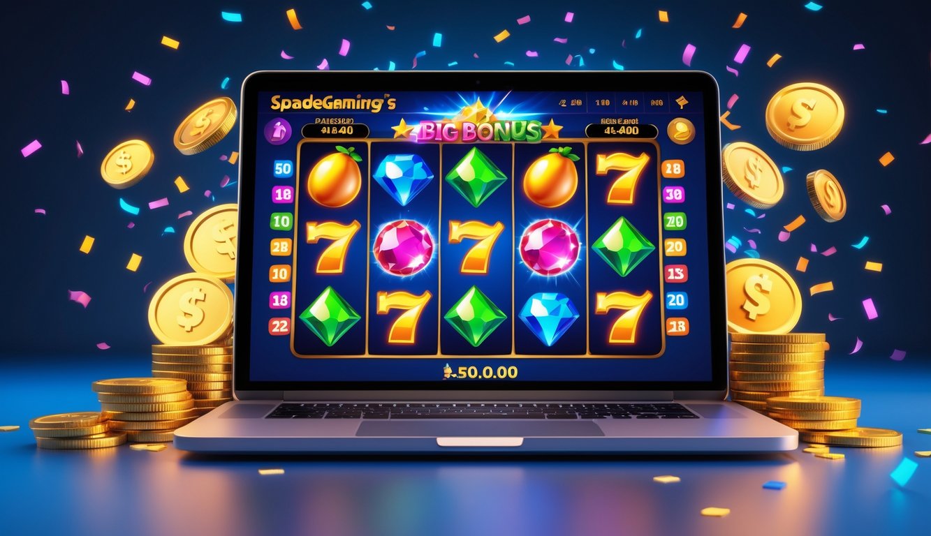Sebuah layar komputer menampilkan permainan slot online dengan simbol warna-warni dan koin yang berkilauan di sekitarnya.