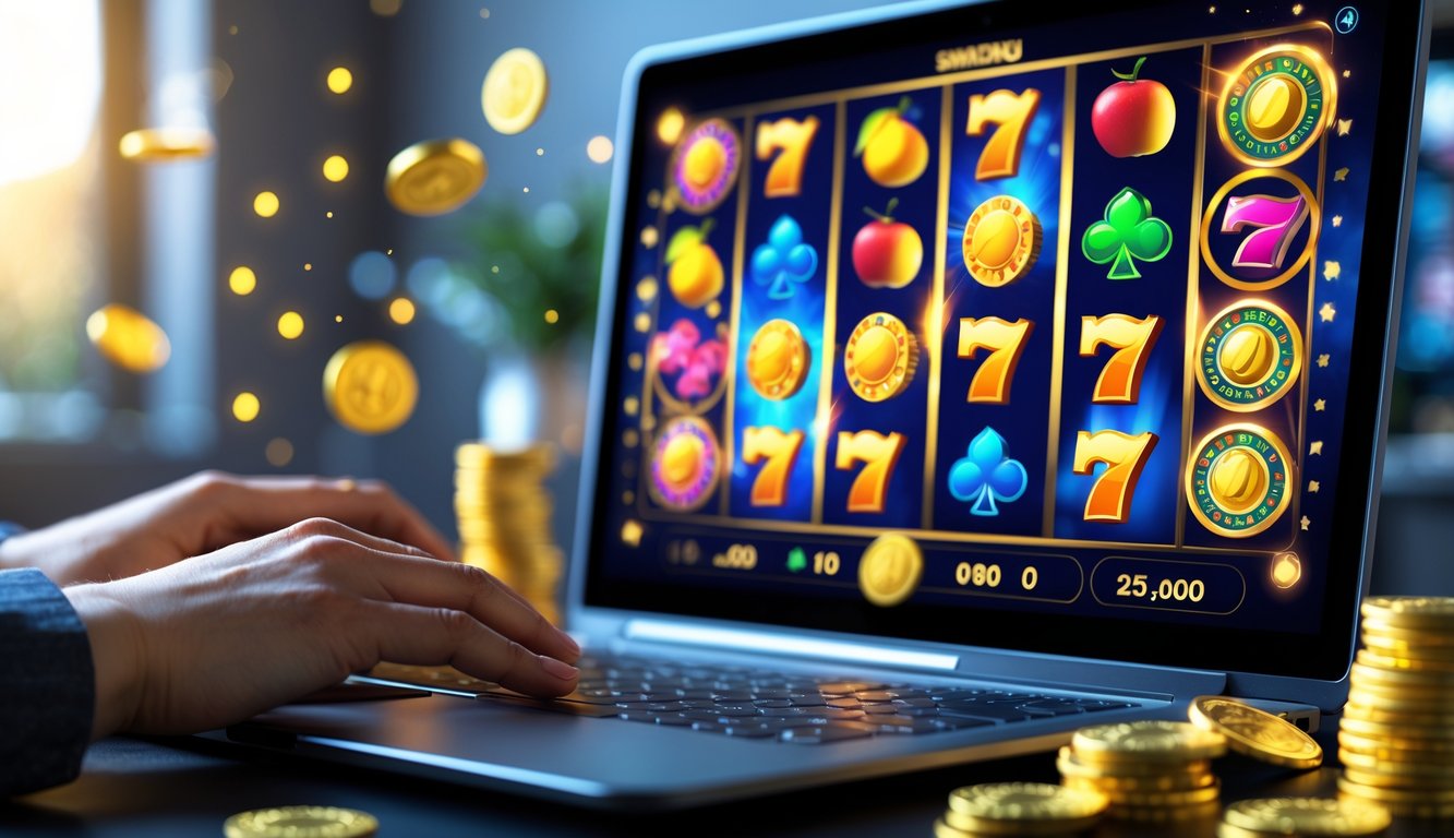 Seorang pemain sedang menggunakan komputer dengan layar menampilkan permainan slot online yang penuh warna dan simbol keberuntungan.