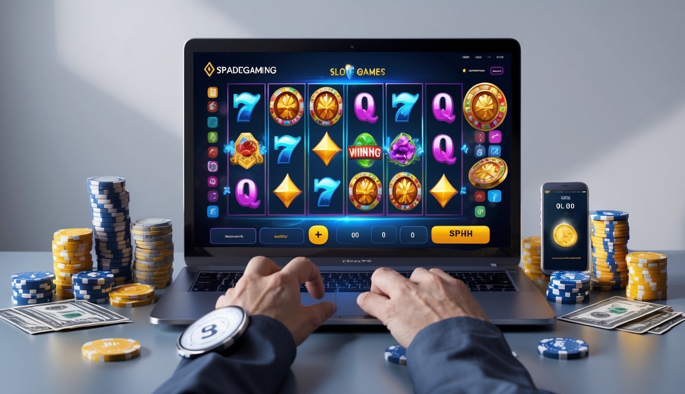 Seorang pemain sedang menggunakan komputer dengan permainan slot online Spadegaming di layar, dikelilingi oleh tumpukan chip poker dan uang.