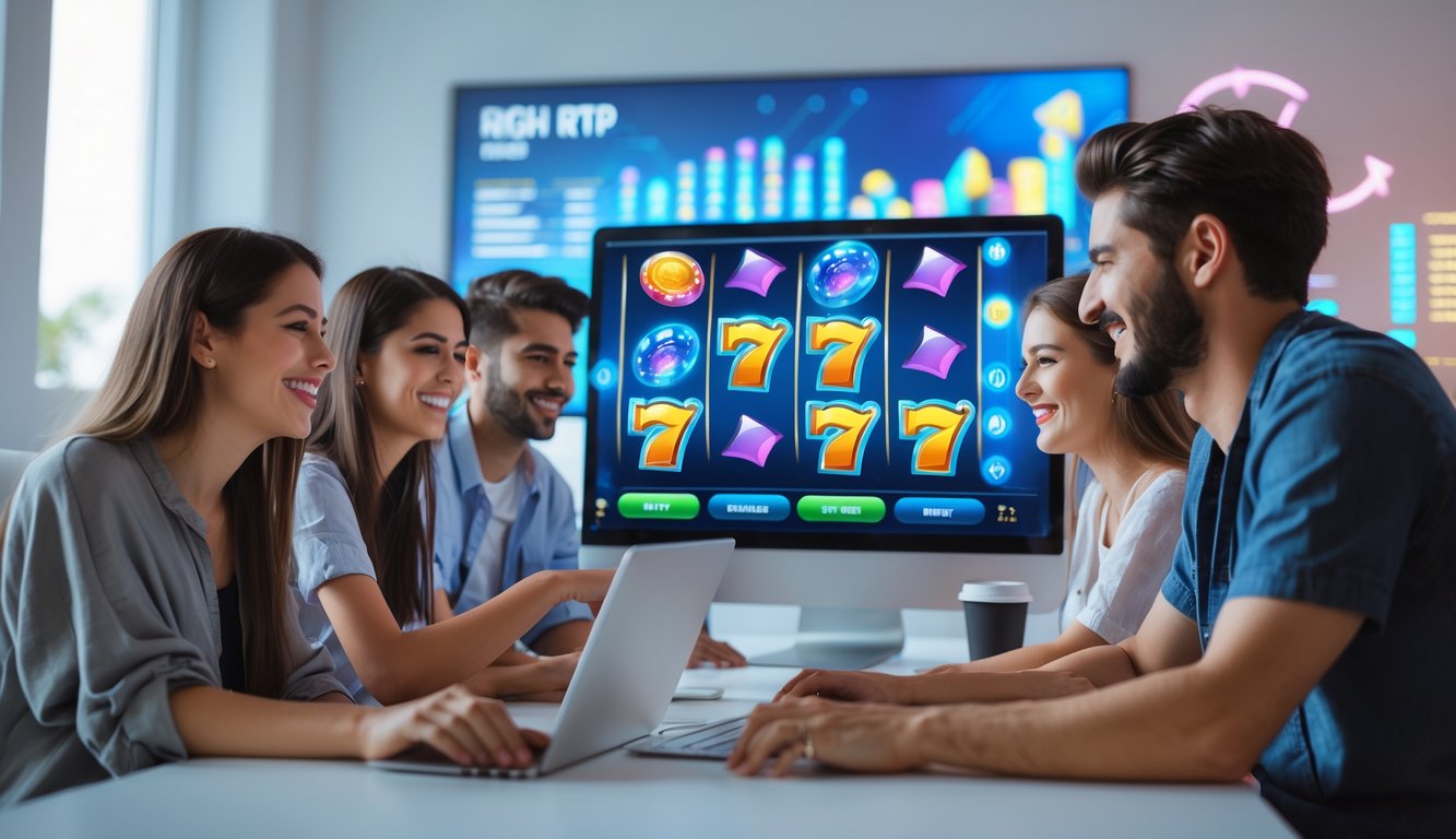 Beberapa orang muda sedang bermain permainan slot online di depan komputer di ruangan yang nyaman dan terang.