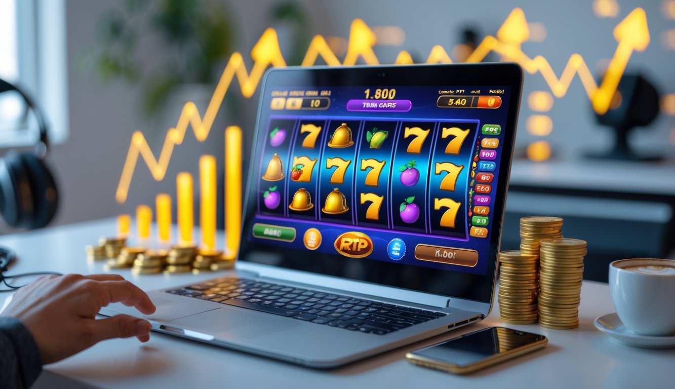 Seorang pemain pemula sedang bermain game slot online di komputer dengan latar ruang kerja yang rapi dan elemen grafik yang menunjukkan peluang menang tinggi.