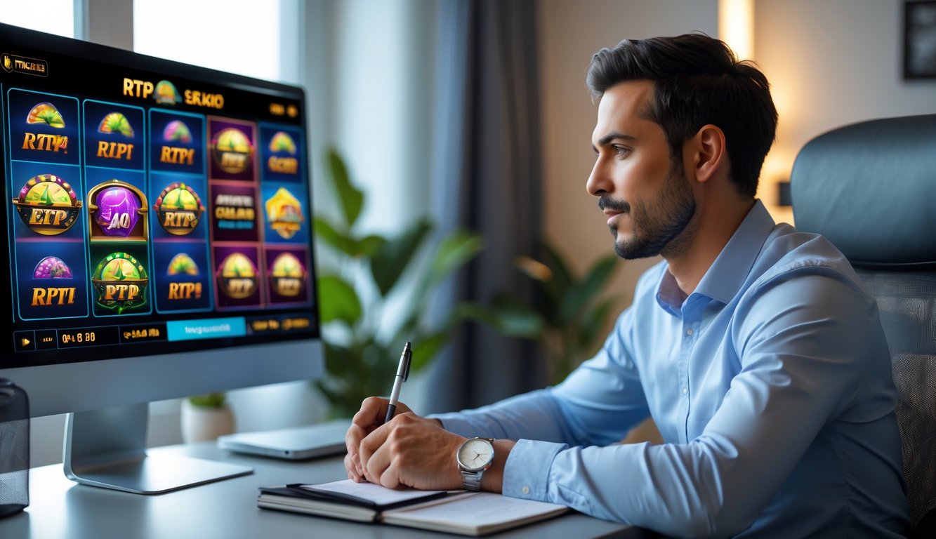 Seorang pria duduk di meja komputer modern, fokus bermain permainan slot online dengan layar besar dan grafik statistik di sekitarnya.