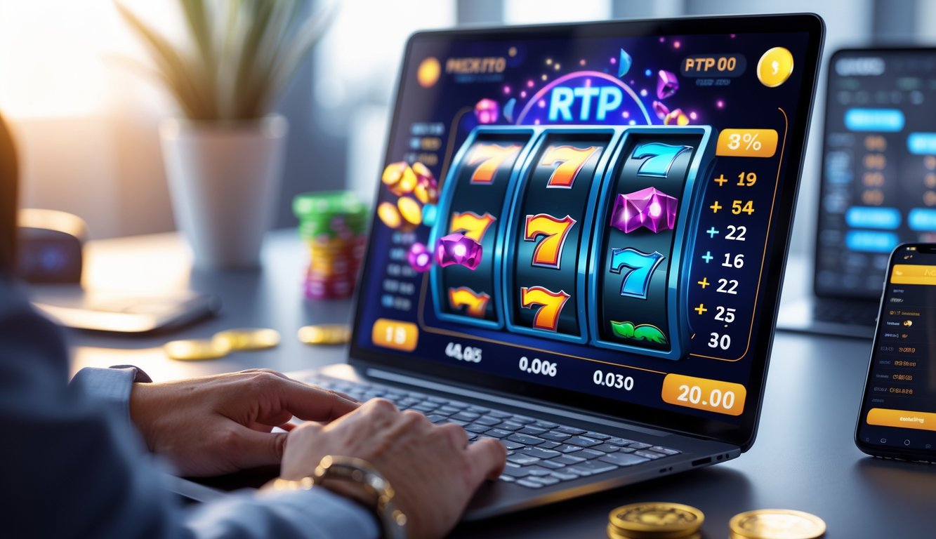 Tangan seseorang menggunakan laptop dengan tampilan mesin slot dan grafik statistik di layar dalam suasana kerja yang rapi dan terang.